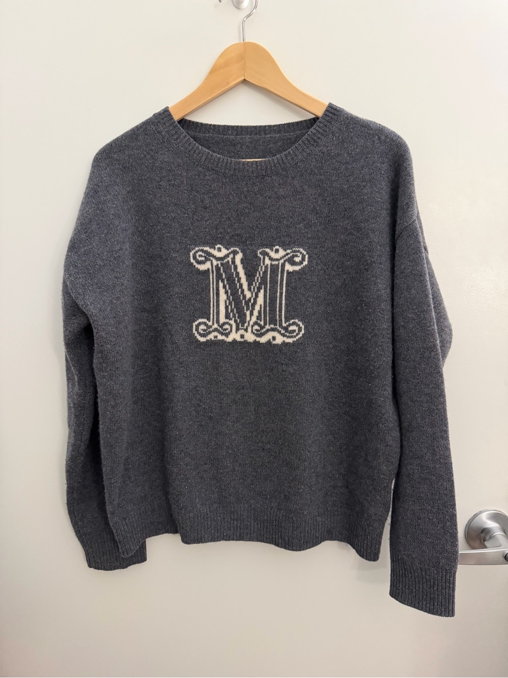 Max Mara Charcoal Gray Women's Cashmere Sweater with Cream Monogram Size S